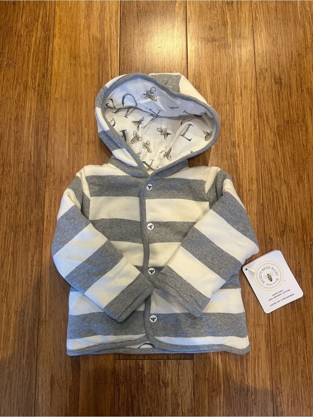 Burt's Bees Baby Gray & White Striped Hooded Reversible Jacket